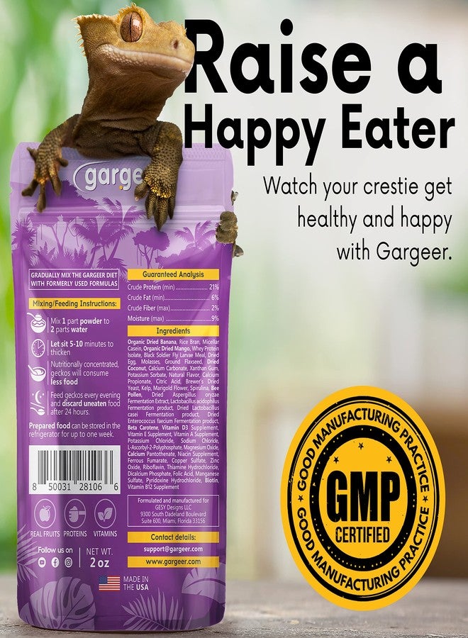 Gargeer غارغير، غذاء كامل للوزغة المتوجة، 2 أونصة. مزيج فاخر، مسحوق طازج جاهز للاستخدام. تركيبة فريدة، طُوّرت وصُنعت في الولايات المتحدة الأمريكية. استمتع! (بروتين استوائي + حشرات) - Image 2